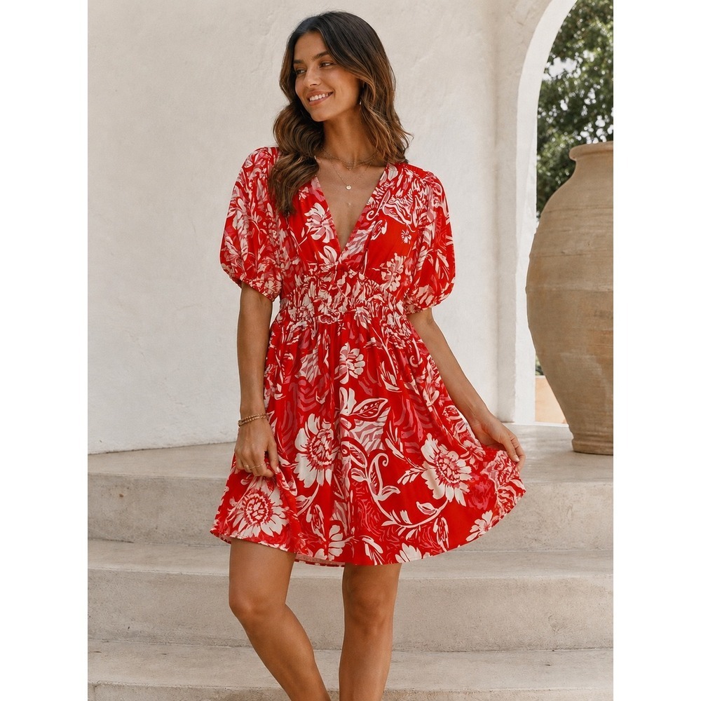 Abel The Label Red Floral V-Neck Smocked Mini Dress Puff Sleeve Rayon Womens L